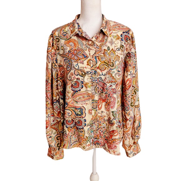 Anna-Kaci California Paisley button down shirt Blouse‎ Top size 1X puffy sleeves - Picture 2 of 7
